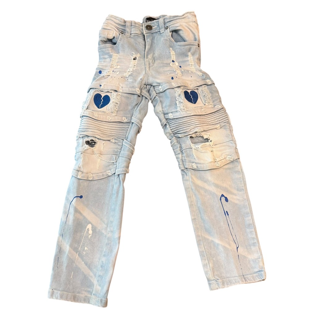 Kids Focus Heart Jeans Blue Distressed Denim Patches Paint Splatter Light Wash‎